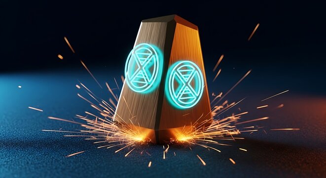 Wooden trapezoid with glowing neon hourglass icons sits on a textured plane as fiery sparks erupt from its base. Sharp focus on the wood grain. Ideal for project management marketing.