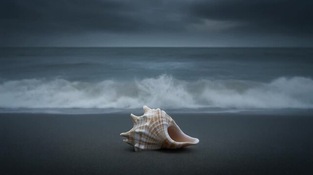 Large seashell on dark beach with crashing ocean waves at dusk