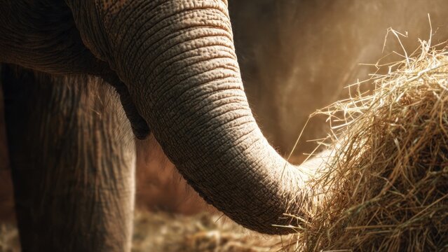 Elephant Trunk Grasping Hay in Warm Light