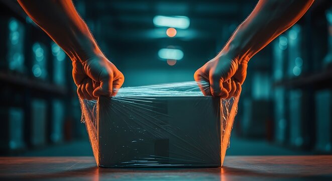 Cardboard box being tightly sealed with plastic stretch wrap by professional hands. Dramatic orange rim lighting and blue bokeh create a cinematic mood for e-commerce fulfillment marketing.
