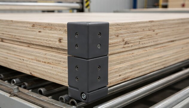 Medium shot focusing on corner protectors tightly fitted on stacked plywood bundles ensuring safety during handling and shipping on an automated packaging line.