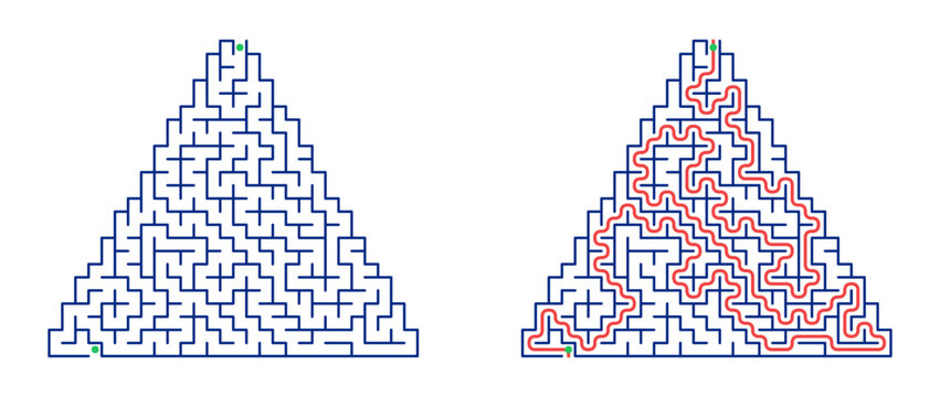 Geometric maze with blue outline and red path illustration  