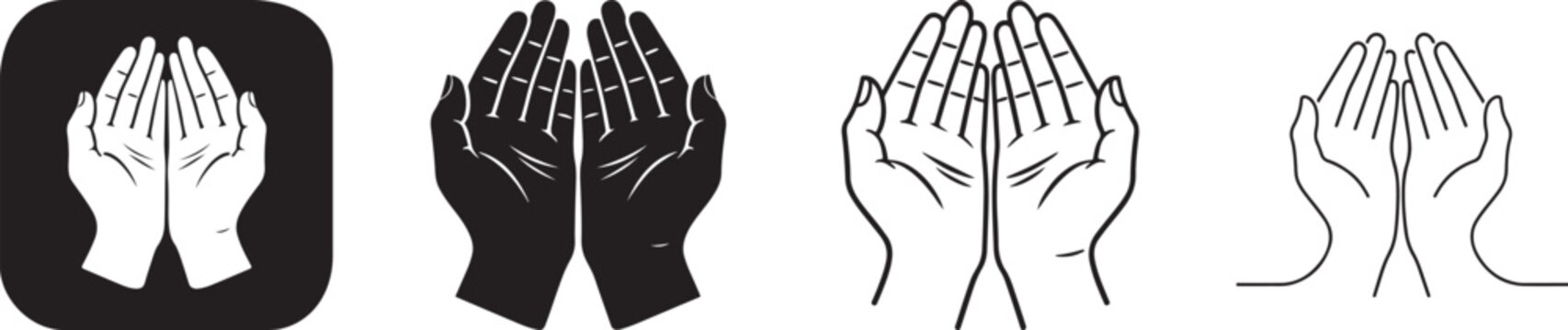 Open Cupped Hands in Prayer, Supplication, or Begging Gesture Vector Illustration Set.