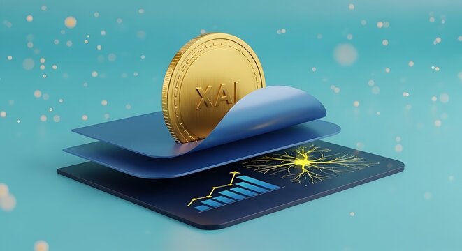 XAI cryptocurrency gold coin sits atop peeling digital layers revealing a glowing neural network graph. Ideal for artificial intelligence investment marketing.