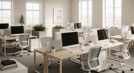 Fototapeta premium Modern office space with desks and computers, nobody, interior design