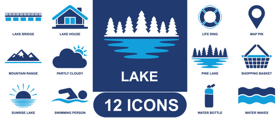 Lake icon set. Containing water, nature, landscape, river, fishing, mountain, travel, outdoor, environment and more. Solid fill vector icons collection. © Voice