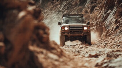 Obraz premium Off-Road Truck Navigating Rocky Terrain