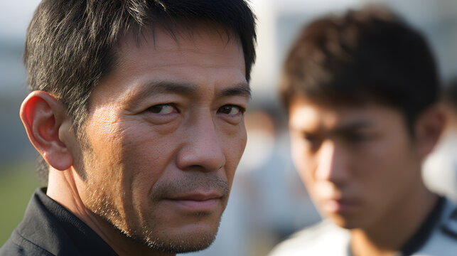 睨みつけるスポーツ指導者と黙り込む選手(A glaring sports instructor and a silent athlete)