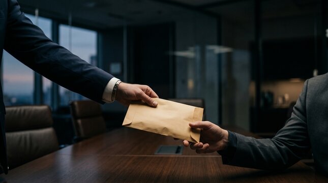 corruption concept showing a hidden envelope filled with money being passed discreetly between two business people