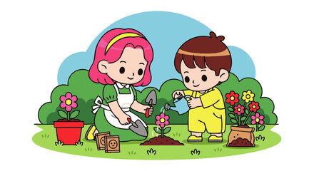 Fototapeta premium A young girl with pink hair and a boy in yellow overalls gardening together, planting flowers with a trowel and watering can in a park