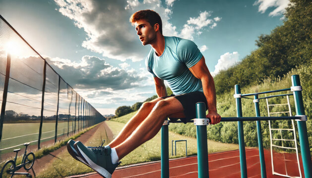 Man Performing Exercise on Parallel Bars Outdoors