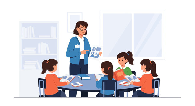 Teacher instructing young students in a classroom, reading books and learning
