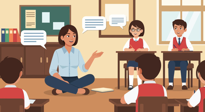 Teacher leading interactive lesson with students in classroom, communication and education concept