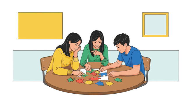 Three friends playing a board game together at a round table, enjoying leisure time at home.