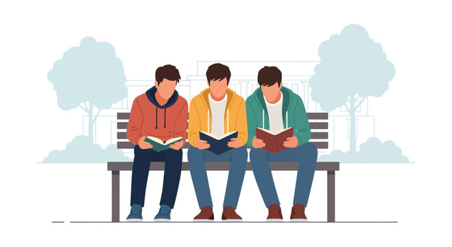 Three young men sitting on a park bench reading books outdoors