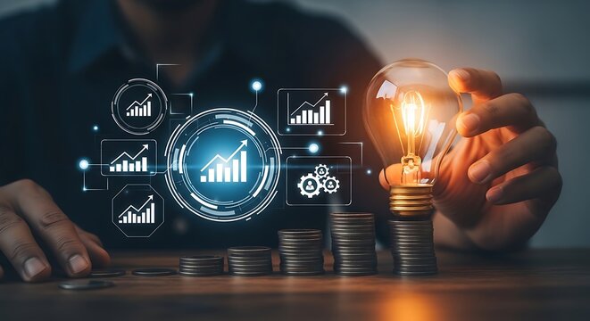 Glowing lightbulb resting on coin stacks with digital financial charts and data icons in a dark office. Ideal for creative investment and wealth management marketing.