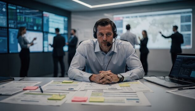 Afteraction review in an emergency center the main analyst focused on detailed reports at a desk surrounded by diffused figures debriefing in a softly blurred background.