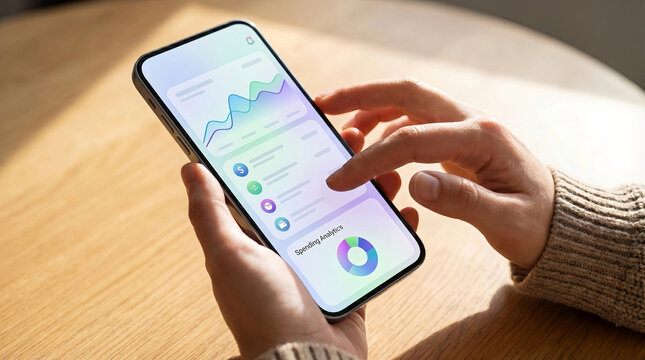 Hand holding smartphone with spending analytics chart on screen for personal finance management