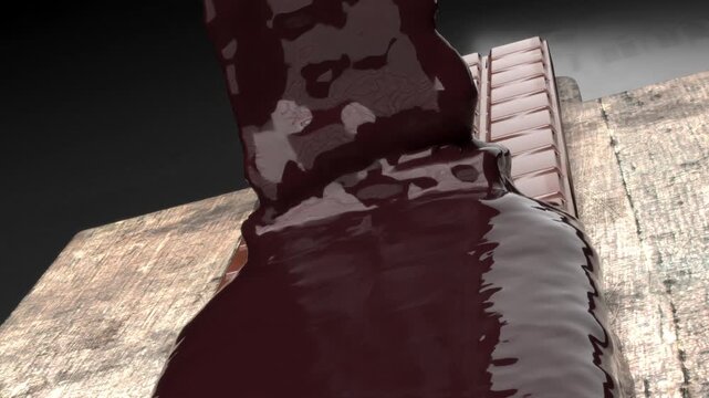 a stream of liquid chocolate pouring down on a flat surface