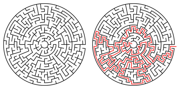 Round Maze Puzzle with Red Solution Path