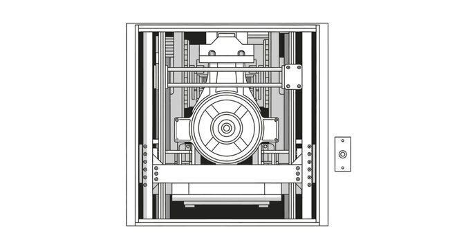 Technical Line Art Illustration of an Elevator Motor Mechanism and Pulley System in an Industrial Shaft