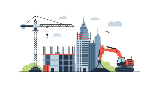 Industrial City Construction Site Flat Vector Illustration with Tower Crane, Excavator, and Skyscrapers Under Development for Real Estate and Urban Growth Projects