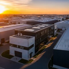 Fototapeta premium A wide aerial view of sleek industrial warehouses and factories during golden hour, showcasing modern architecture and long sunset shadows, production, golden hour, structure