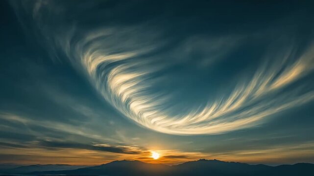 A dramatic sunset paints the sky with swirling clouds above a silhouetted mountain range.