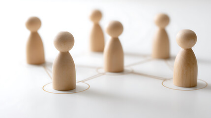 Obraz premium Wooden figures connected by lines, symbolizing teamwork, networking, and social interaction, concept of community and organization