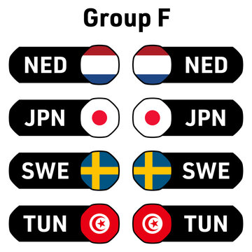 National flags and country codes participating teams in group F Netherlands, Japan, Sweden, Tunisia ready-to-use for 2026 world football soccer final tournament event and media with octagon