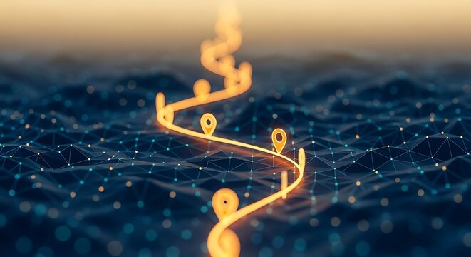 Digital roadmap showing a winding golden path with pins across a dark mesh landscape. The macro shot features sharp focus on markers and soft bokeh. Ideal for logistics branding.