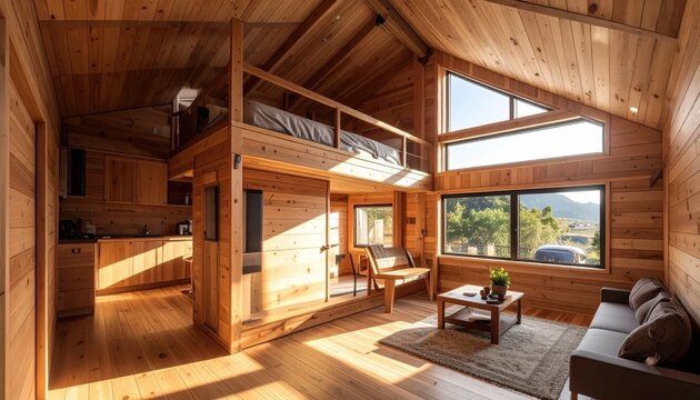 Modern wooden cabin interior with mezzanine bedroom, natural cedar wood paneling, open floor plan living area, cozy rustic architecture, lifestyle home