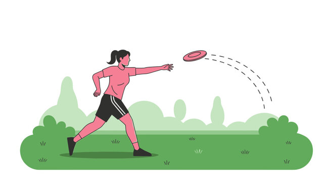 Woman throwing frisbee in park, active lifestyle, outdoor recreation, summer fun