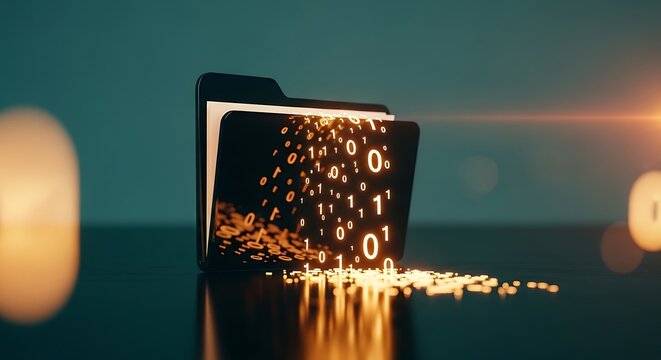 Binary code numbers spill from a black office folder on a dark surface with golden lens flares and sharp focus. Ideal for technology and data privacy marketing.