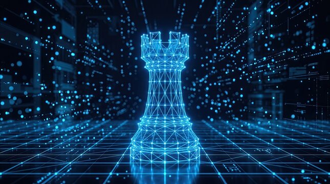 A glowing blue wireframe rook chess piece in a futuristic digital grid environment, representing strategy and technology.