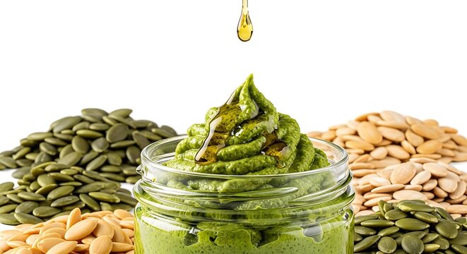 Pumpkin seed butter in a glass jar features a golden oil droplet falling onto the green spread. Surrounded by raw seeds with sharp focus. Ideal for vegan nutrition advertising.