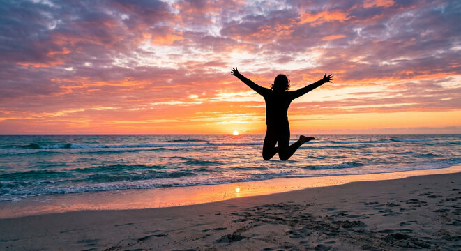 Silhouette of person jumping joyfully against vibrant ocean sunrise.