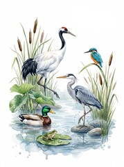 Naklejka premium Wetland aquatic birds watercolor illustration featuring a crane, heron, mallard duck, kingfisher, and frog in a pond with lily pads.