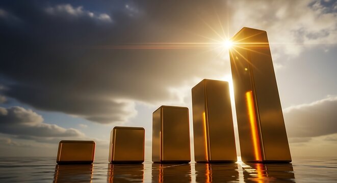 Golden pillars ascend in a bar graph formation under a powerful sunset with sharp focus and warm lens flare. Ideal for corporate success and wealth management marketing.