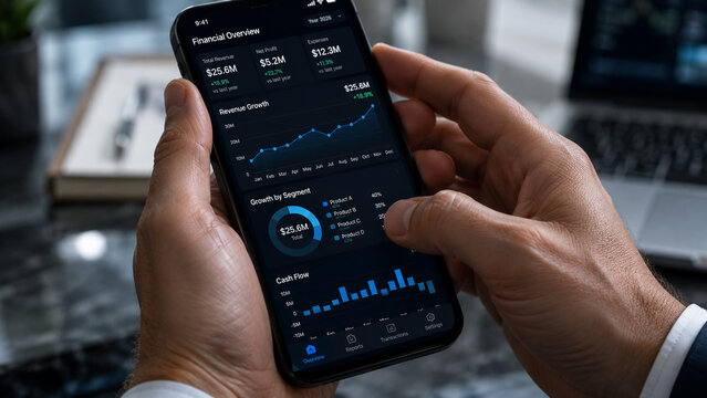 Financial overview, revenue growth, cash flow, business analytics, mobile phone, hand holding
