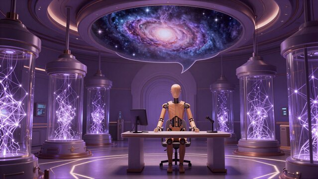 Robot sits at desk under cosmic sky surrounded by glowing neural