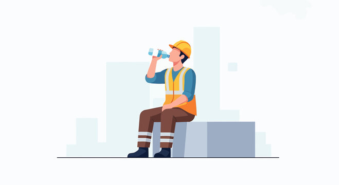 Construction worker taking a break, drinking water from a bottle, wearing safety vest and hard hat.