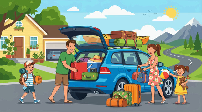 2D Flat Vector Family loading car for summer vacation trip with luggage and outdoor gear