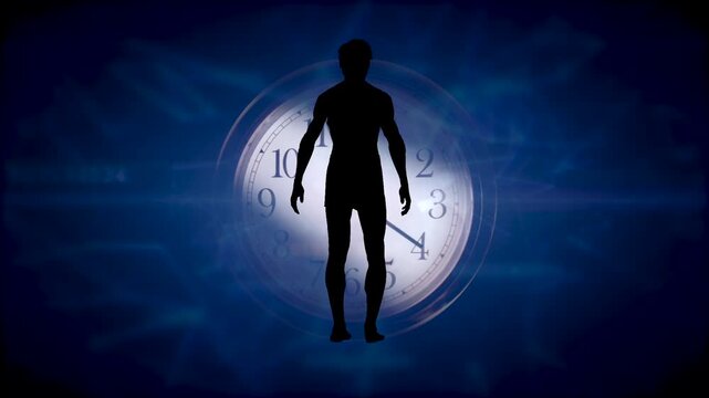 Rotating man silhouette against time backdrop