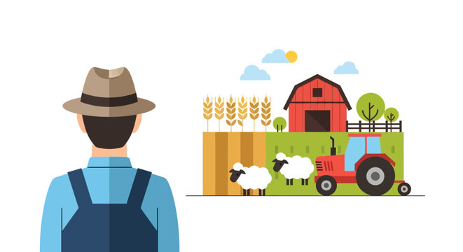 Farmer looking at his farm with sheep and tractor.