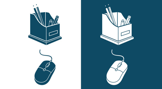 Office desk stationary organizer pen holder and computer mouse icons