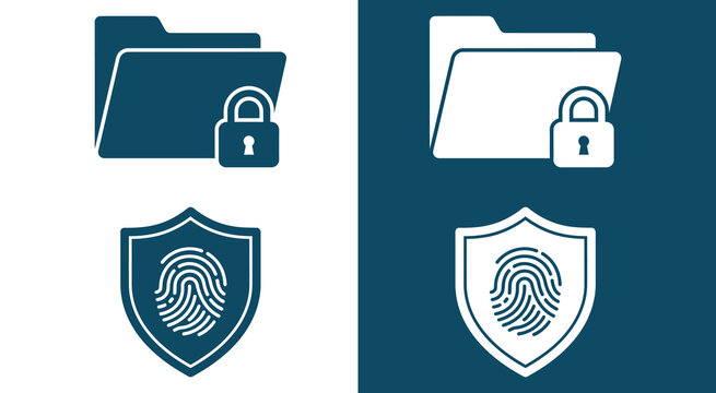 Data folder lock and fingerprint security shield icons for biometric access