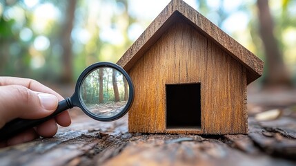 Naklejka premium Wooden house model viewed through magnifying glass in forest