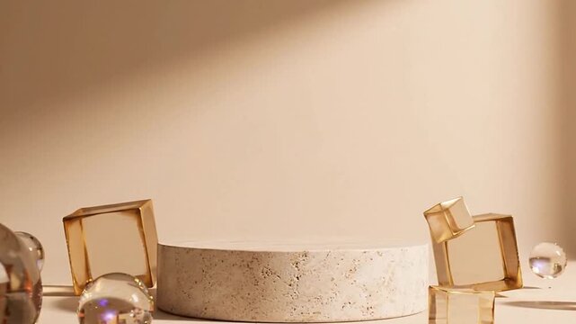 Empty stone pedestal display stand with floating glass spheres and cubes for luxury product presentation in soft golden light