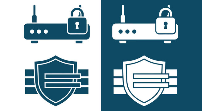 Internet router connection modem with padlock and server security shield icons